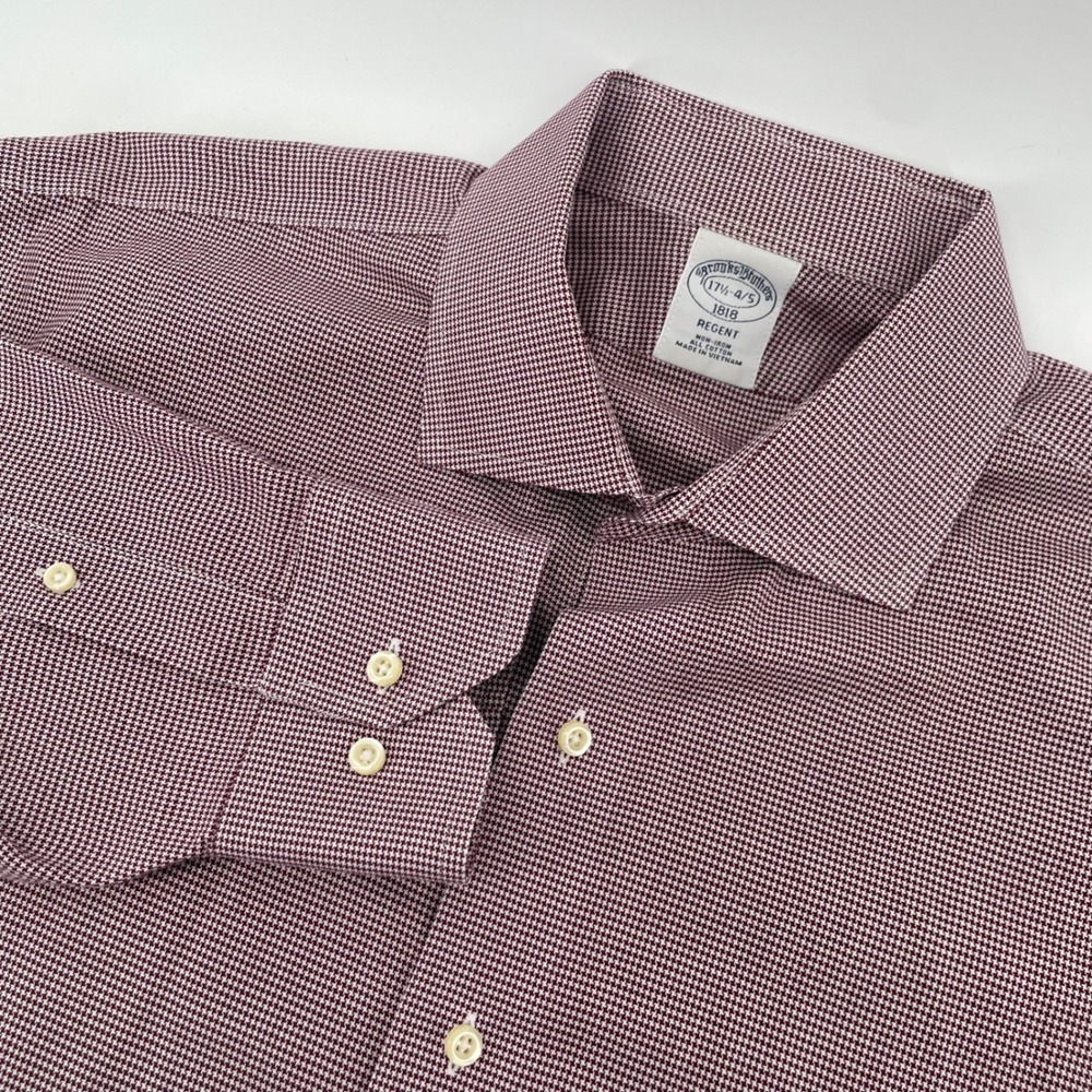 Brooks Brothers Dress Shirt Mens 17.5 34/35 Burgundy Regent Houndstooth Non-Iron